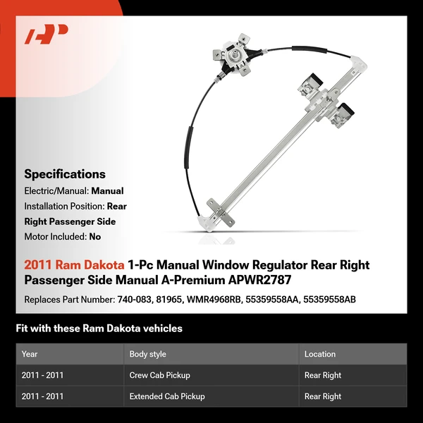 2011 Ram Dakota 1-Pc Manual Window Regulator Rear Right Passenger Side Manual A-Premium APWR2787