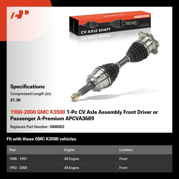 1988-2000 GMC K3500 1-Pc CV Axle Assembly Front Driver or Passenger A-Premium APCVA3689
