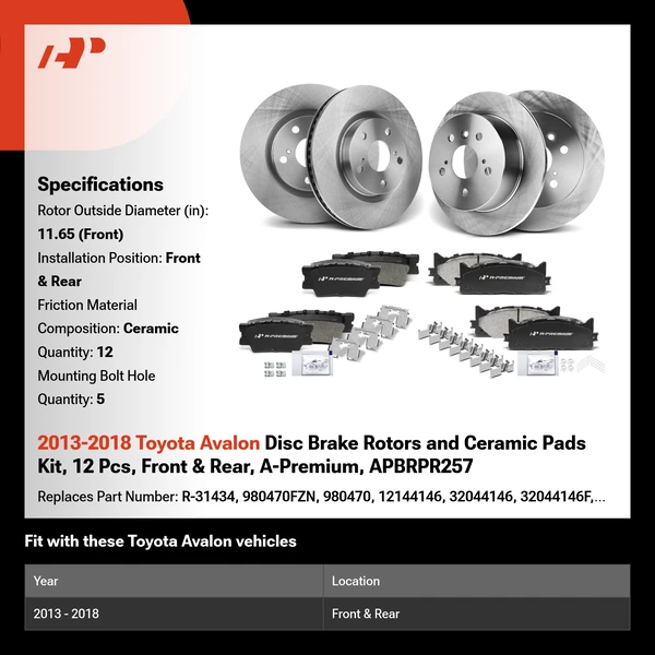 2013-2018 Toyota Avalon Disc Brake Rotors and Ceramic Pads Kit, 12 Pcs, Front & Rear, A-Premium, APBRPR257