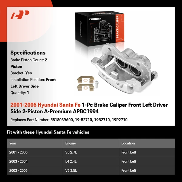 2001-2006 Hyundai Santa Fe 1-Pc Brake Caliper Front Left Driver Side 2-Piston A-Premium APBC1994