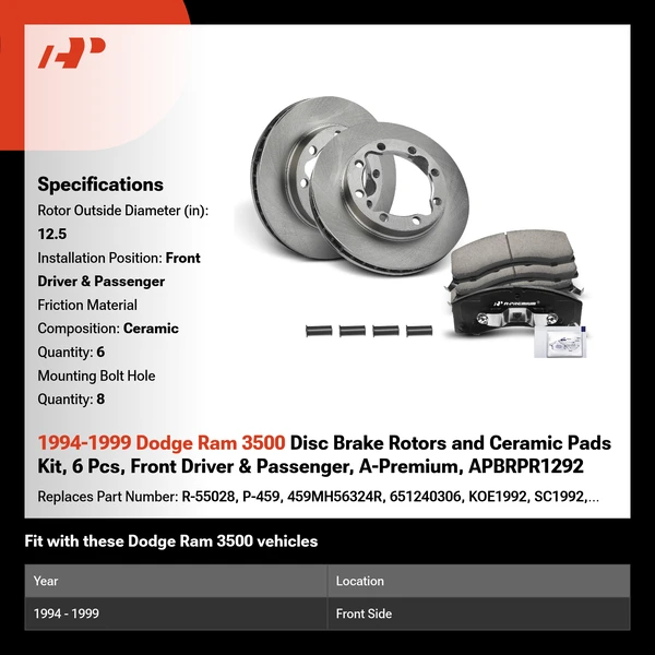 1994-1999 Dodge Ram 3500 Disc Brake Rotors and Ceramic Pads Kit, 6 Pcs, Front Driver & Passenger, A-Premium, APBRPR1292