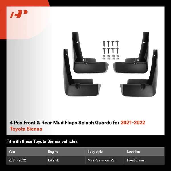4 Pcs Front & Rear Mud Flaps Splash Guards for 2021-2022 Toyota Sienna