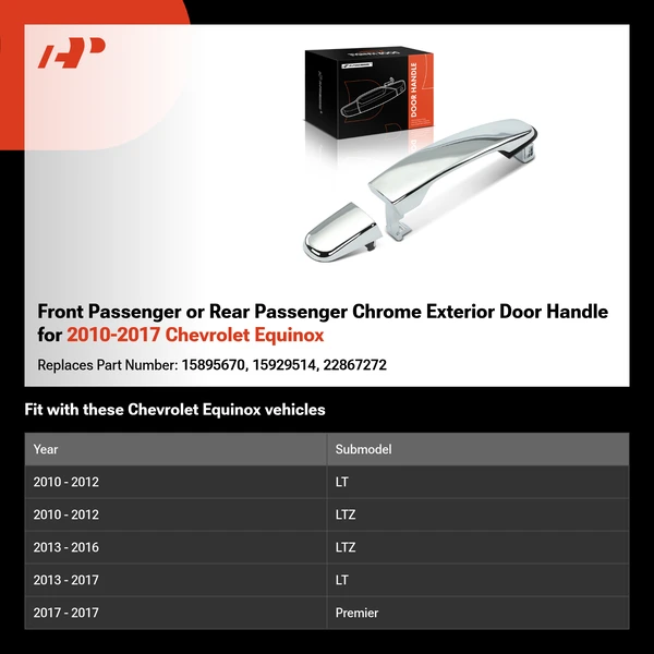 Front Passenger or Rear Passenger Chrome Exterior Door Handle for 2010-2017 Chevrolet Equinox