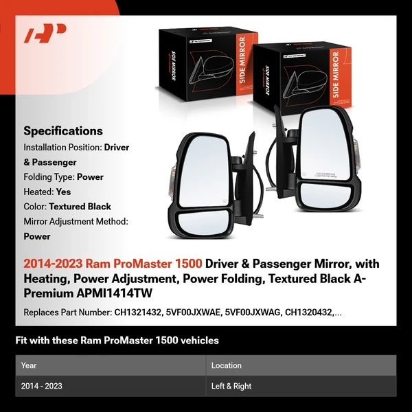 2014-2023 Ram ProMaster 1500 Driver & Passenger Mirror, with Heating, Power Adjustment, Power Folding, Textured Black A-Premium APMI1414TW