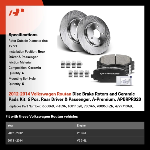 2012-2014 Volkswagen Routan Disc Brake Rotors and Ceramic Pads Kit, 6 Pcs, Rear Driver & Passenger, A-Premium, APBRPR020