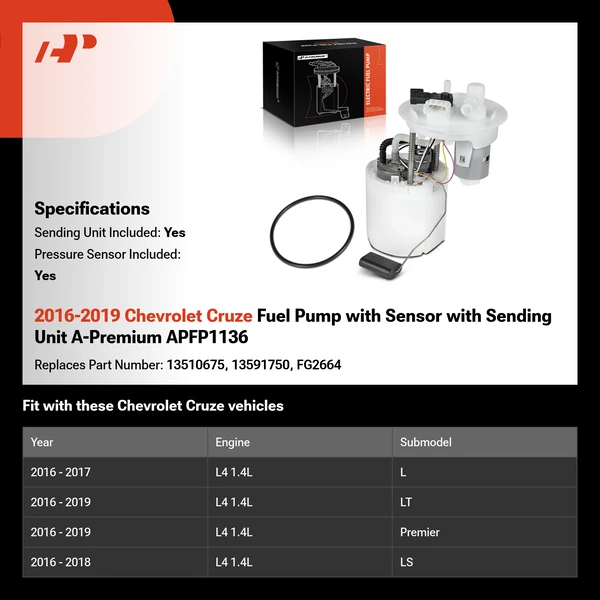 2016-2019 Chevrolet Cruze Fuel Pump with Sensor with Sending Unit A-Premium APFP1136