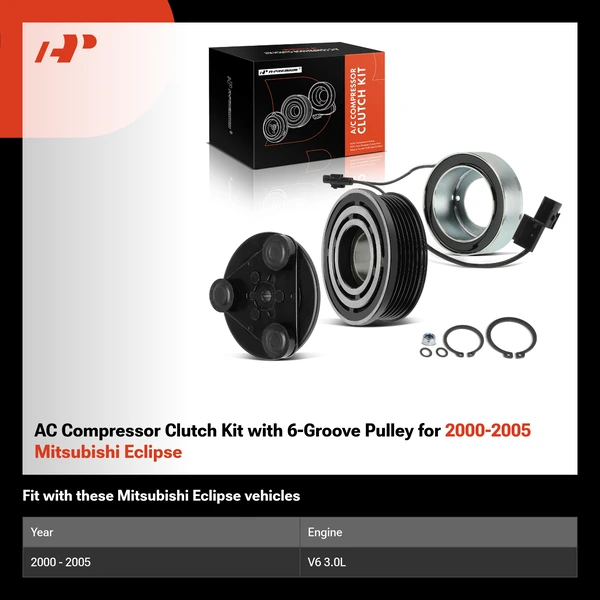 AC Compressor Clutch Kit with 6-Groove Pulley for 2000-2005 Mitsubishi Eclipse