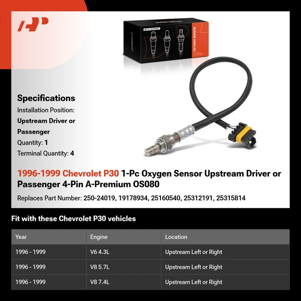 1996-1999 Chevrolet P30 1-Pc Oxygen Sensor Upstream Driver or Passenger 4-Pin A-Premium OS080