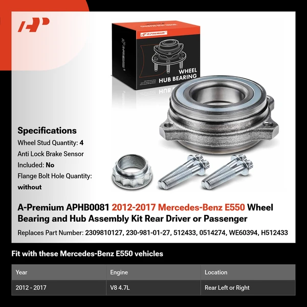 A-Premium APHB0081 2012-2017 Mercedes-Benz E550 Wheel Bearing and Hub Assembly Kit Rear Driver or Passenger