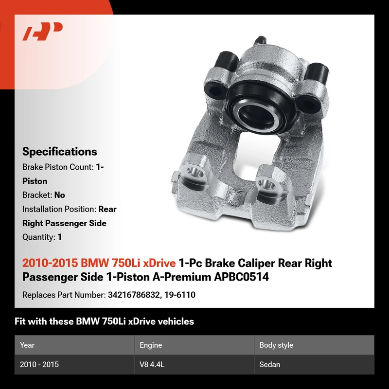2010-2015 BMW 750Li xDrive 1-Pc Brake Caliper Rear Right Passenger Side 1-Piston A-Premium APBC0514