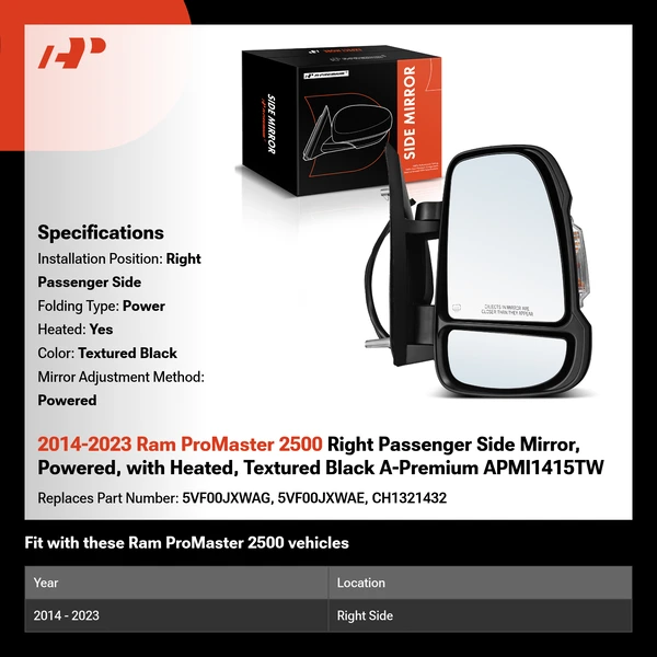 2014-2023 Ram ProMaster 2500 Right Passenger Side Mirror, Powered, with Heated, Textured Black A-Premium APMI1415TW