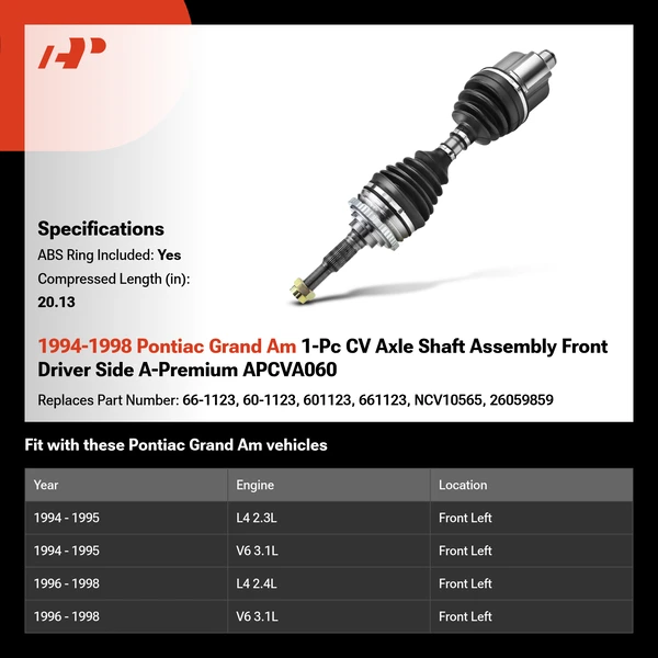 1994-1998 Pontiac Grand Am 1-Pc CV Axle Shaft Assembly Front Driver Side A-Premium APCVA060