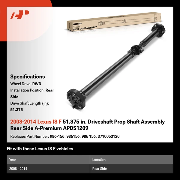 2008-2014 Lexus IS F 51.375 in. Driveshaft Prop Shaft Assembly Rear Side A-Premium APDS1209
