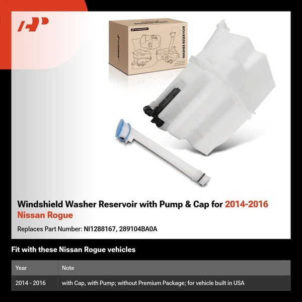 Windshield Washer Reservoir with Pump & Cap for 2014-2016 Nissan Rogue