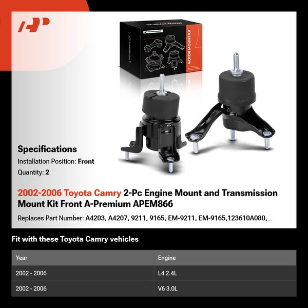 2002-2006 Toyota Camry 2-Pc Engine Mount and Transmission Mount Kit Front A-Premium APEM866