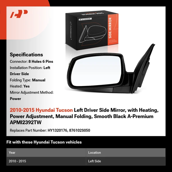 2010-2015 Hyundai Tucson Left Driver Side Mirror, with Heating, Power Adjustment, Manual Folding, Smooth Black A-Premium APMI2392TW