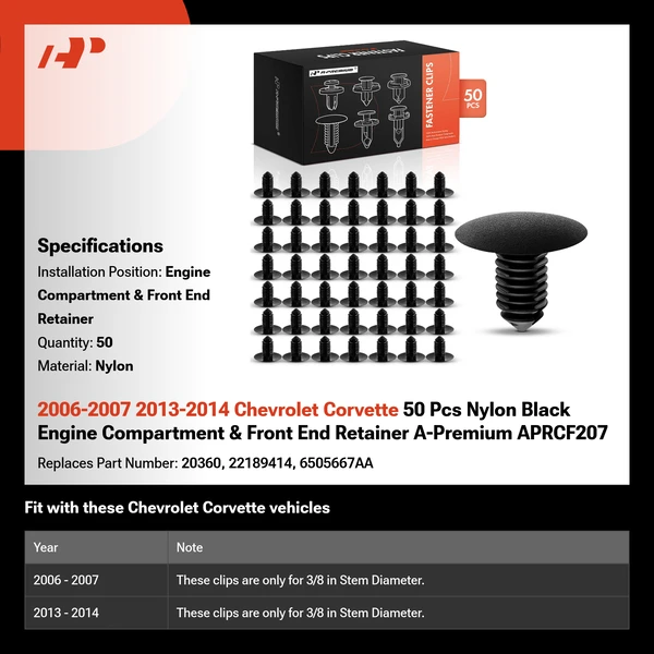 2006-2007 2013-2014 Chevrolet Corvette 50 Pcs Nylon Black Engine Compartment & Front End Retainer A-Premium APRCF207