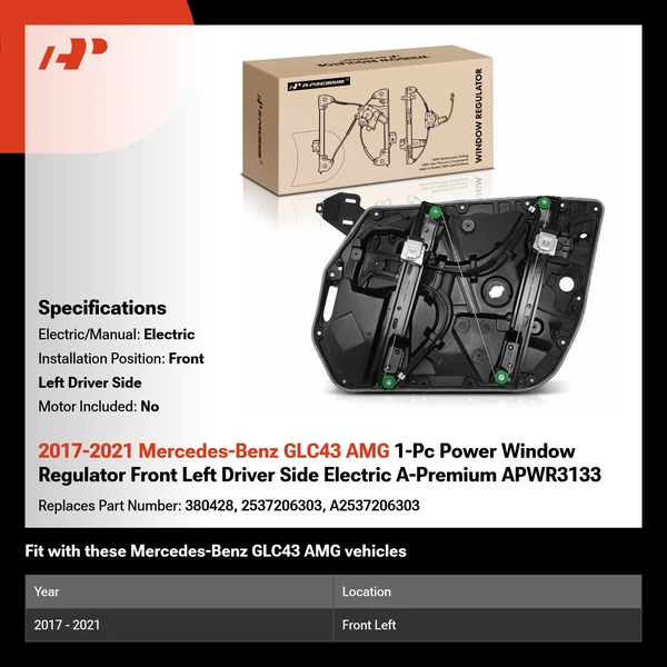 2017-2021 Mercedes-Benz GLC43 AMG 1-Pc Power Window Regulator Front Left Driver Side Electric A-Premium APWR3133