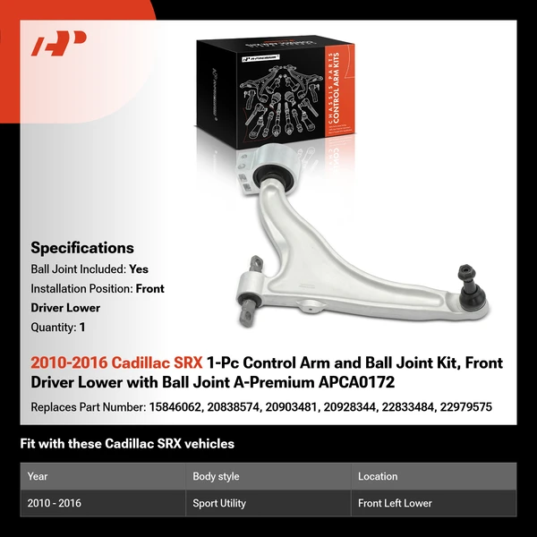 2010-2016 Cadillac SRX 1-Pc Control Arm and Ball Joint Kit, Front Driver Lower with Ball Joint A-Premium APCA0172