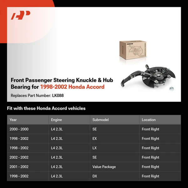Front Passenger Steering Knuckle & Hub Bearing for 1998-2002 Honda Accord