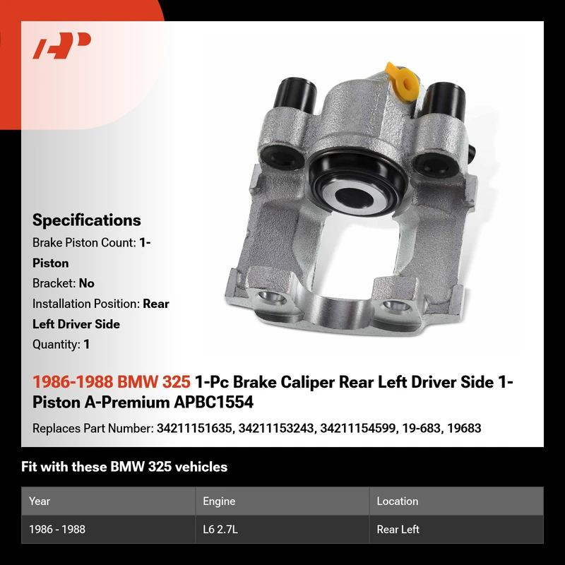 1986-1988 BMW 325 1-Pc Brake Caliper Rear Left Driver Side 1-Piston A-Premium APBC1554