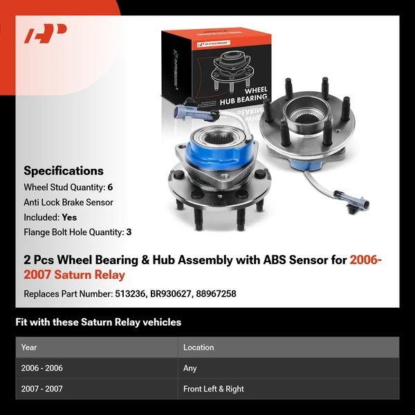 2 Pcs Wheel Bearing & Hub Assembly with ABS Sensor for 2006-2007 Saturn Relay