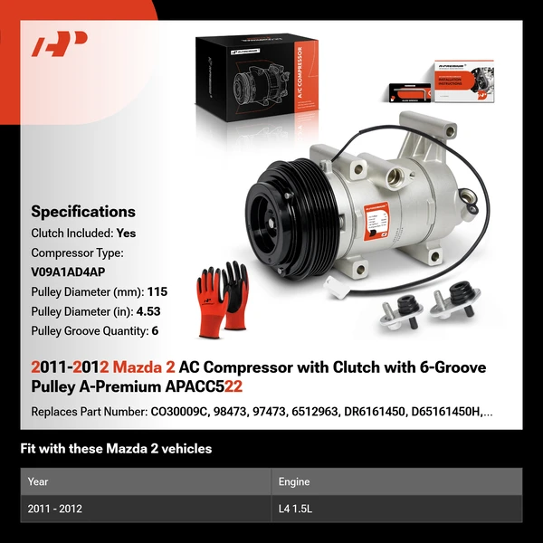 2011-2012 Mazda 2 AC Compressor with Clutch with 6-Groove Pulley A-Premium APACC522