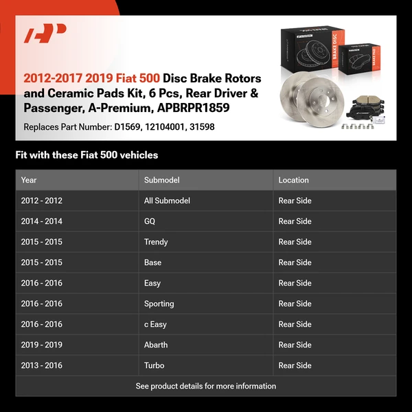 2012-2017 2019 Fiat 500 Disc Brake Rotors and Ceramic Pads Kit, 6 Pcs, Rear Driver & Passenger, A-Premium, APBRPR1859