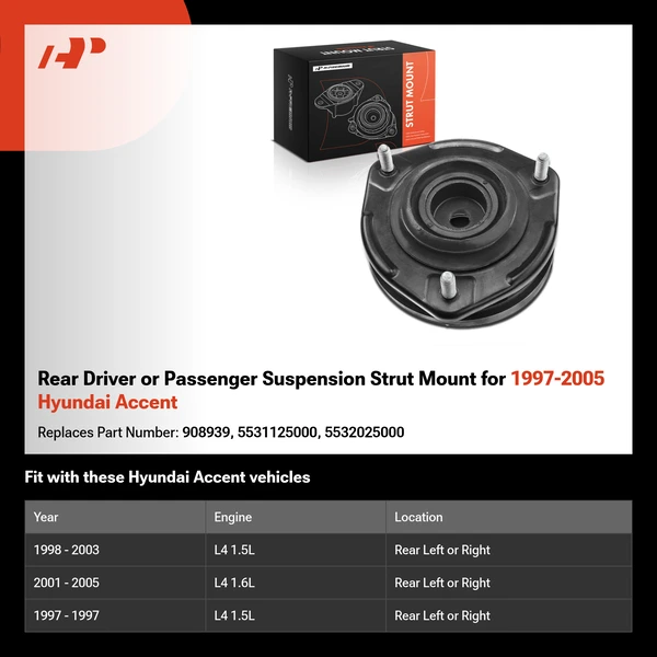 Rear Driver or Passenger Suspension Strut Mount for 1997-2005 Hyundai Accent