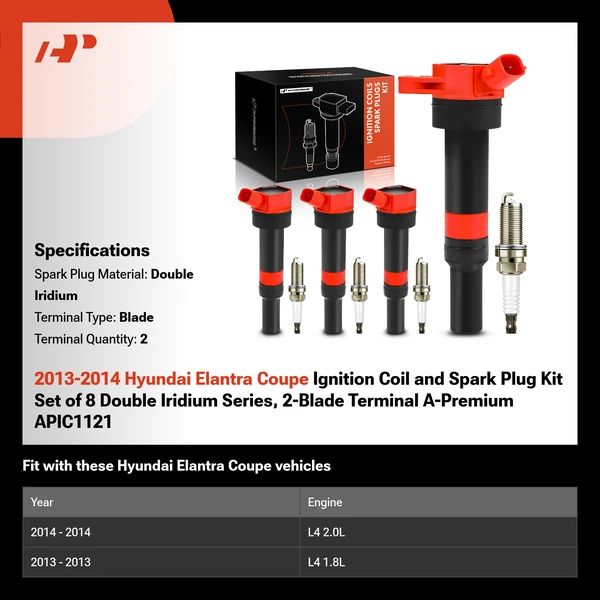 2013-2014 Hyundai Elantra Coupe Ignition Coil and Spark Plug Kit Set of 8 Double Iridium Series, 2-Blade Terminal A-Premium APIC1121