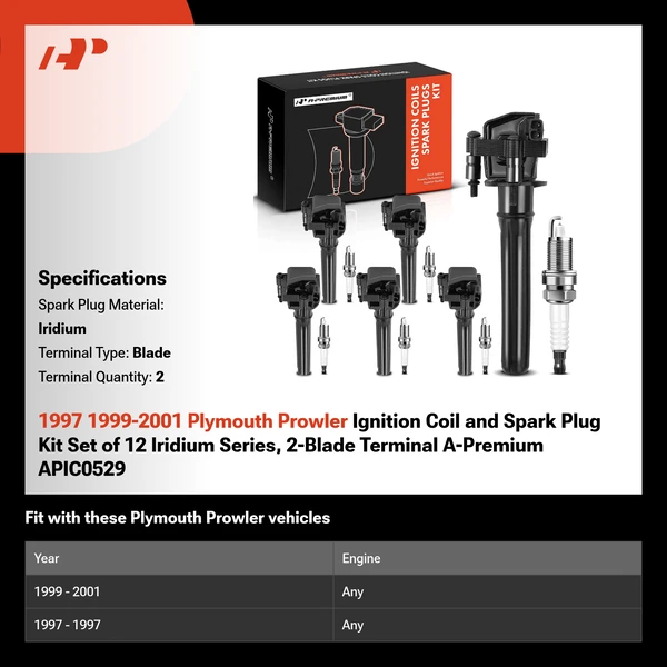 1997 1999-2001 Plymouth Prowler Ignition Coil and Spark Plug Kit Set of 12 Iridium Series, 2-Blade Terminal A-Premium APIC0529
