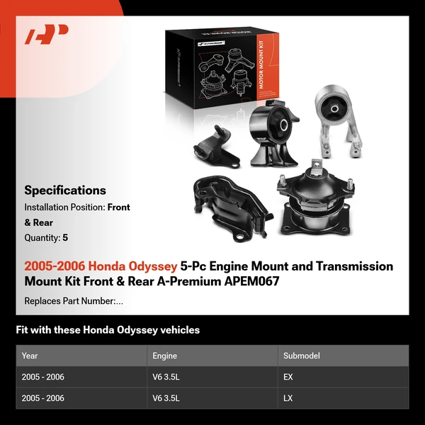 2005-2006 Honda Odyssey 5-Pc Engine Mount and Transmission Mount Kit Front & Rear A-Premium APEM067