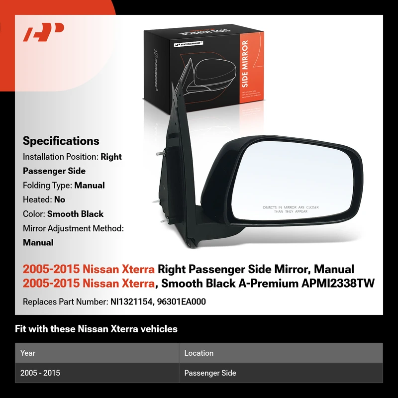 2005-2015 Nissan Xterra Right Passenger Side Mirror, Manual 2005-2015 Nissan Xterra, Smooth Black A-Premium APMI2338TW
