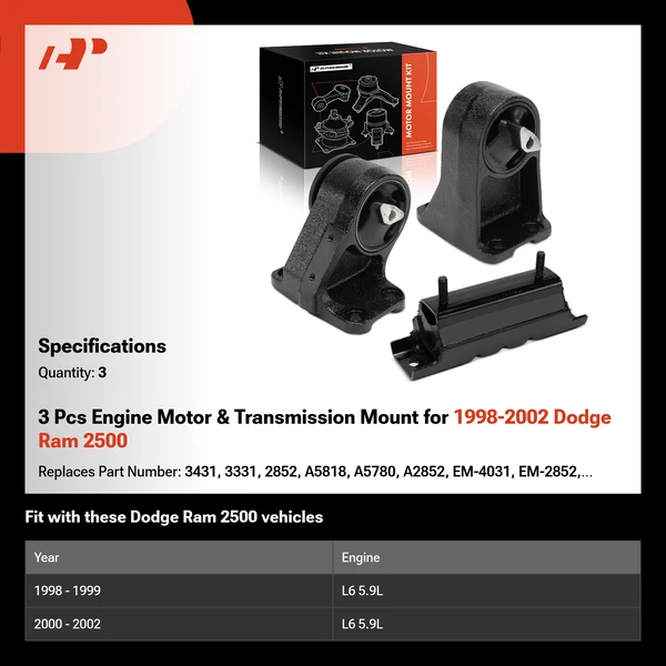 3 Pcs Engine Motor & Transmission Mount for 1998-2002 Dodge Ram 2500