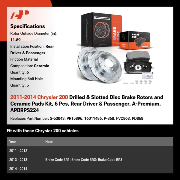 2011-2014 Chrysler 200 Drilled & Slotted Disc Brake Rotors and Ceramic Pads Kit, 6 Pcs, Rear Driver & Passenger, A-Premium, APBRPS224