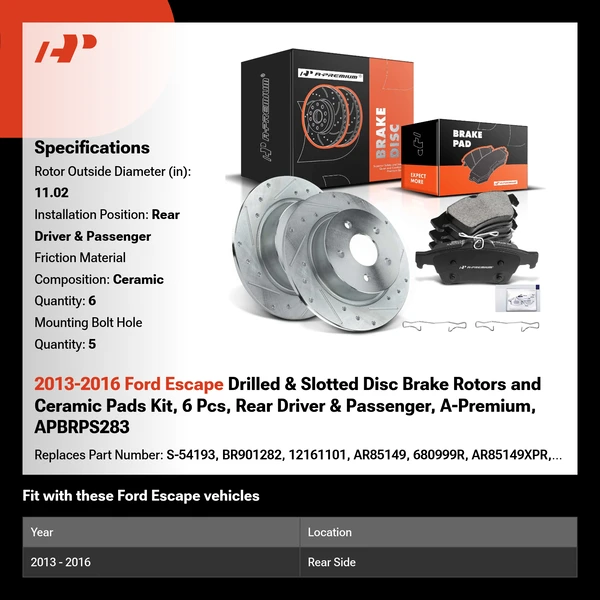 2013-2016 Ford Escape Drilled & Slotted Disc Brake Rotors and Ceramic Pads Kit, 6 Pcs, Rear Driver & Passenger, A-Premium, APBRPS283