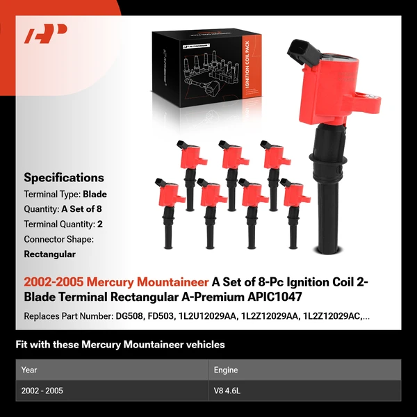 2002-2005 Mercury Mountaineer A Set of 8-Pc Ignition Coil 2-Blade Terminal Rectangular A-Premium APIC1047