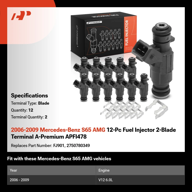 2006-2009 Mercedes-Benz S65 AMG 12-Pc Fuel Injector 2-Blade Terminal A-Premium APFI478