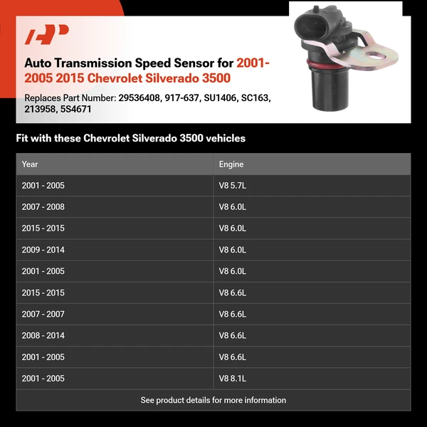 Auto Transmission Speed Sensor for 2001-2005 2015 Chevrolet Silverado 3500
