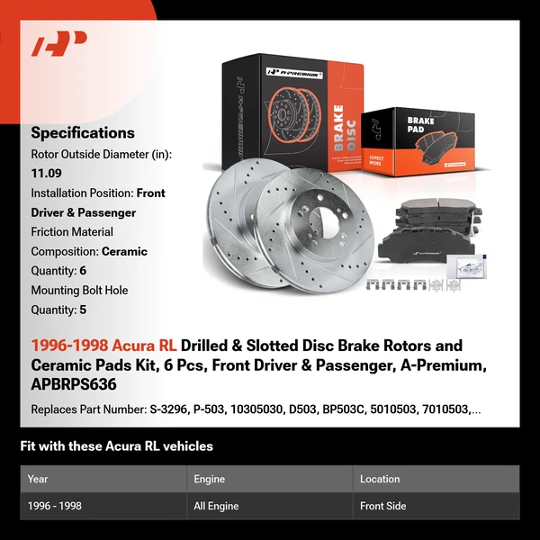1996-1998 Acura RL Drilled & Slotted Disc Brake Rotors and Ceramic Pads Kit, 6 Pcs, Front Driver & Passenger, A-Premium, APBRPS636