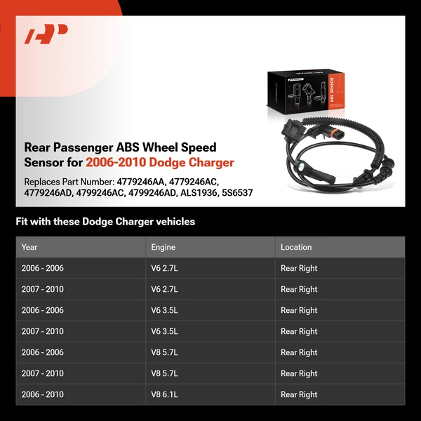 Rear Passenger ABS Wheel Speed Sensor for 2006-2010 Dodge Charger
