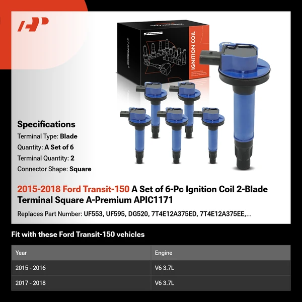 2015-2018 Ford Transit-150 A Set of 6-Pc Ignition Coil 2-Blade Terminal Square A-Premium APIC1171