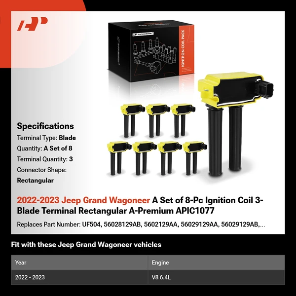 2022-2023 Jeep Grand Wagoneer A Set of 8-Pc Ignition Coil 3-Blade Terminal Rectangular A-Premium APIC1077