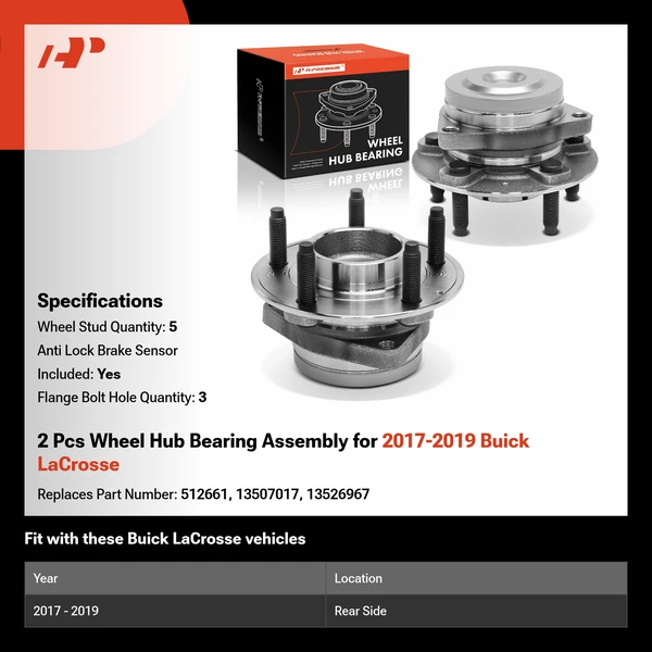 2 Pcs Wheel Hub Bearing Assembly for 2017-2019 Buick LaCrosse