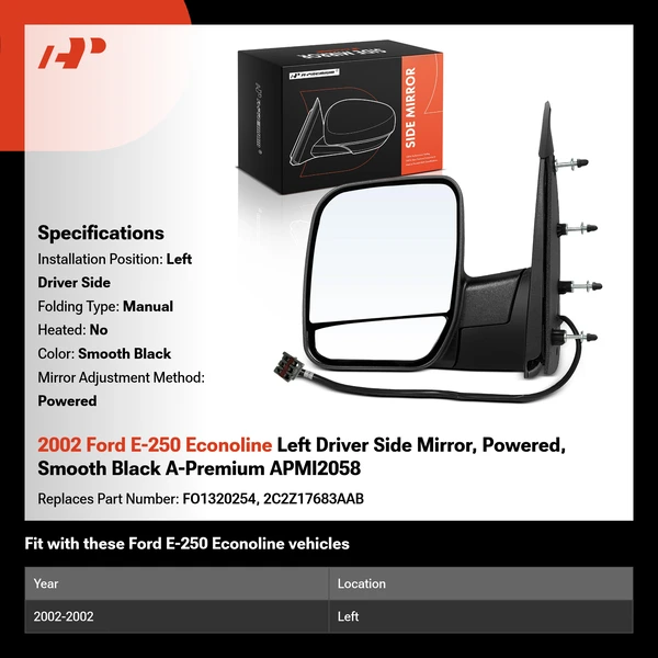 2002 Ford E-250 Econoline Left Driver Side Mirror, Powered, Smooth Black A-Premium APMI2058