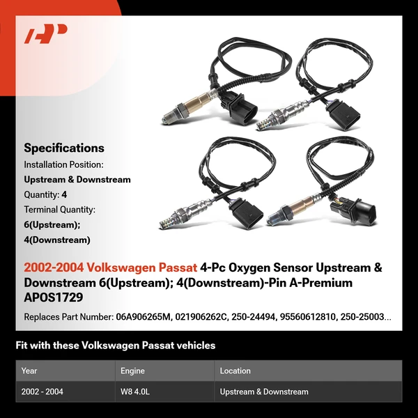 2002-2004 Volkswagen Passat 4-Pc Oxygen Sensor Upstream & Downstream 6(Upstream); 4(Downstream)-Pin A-Premium APOS1729