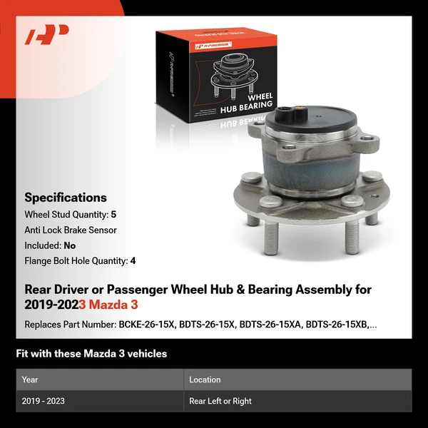Rear Driver or Passenger Wheel Hub & Bearing Assembly for 2019-2023 Mazda 3