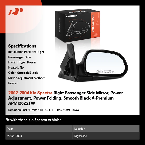 2002-2004 Kia Spectra Right Passenger Side Mirror, Power Adjustment, Power Folding, Smooth Black A-Premium APMI2622TW