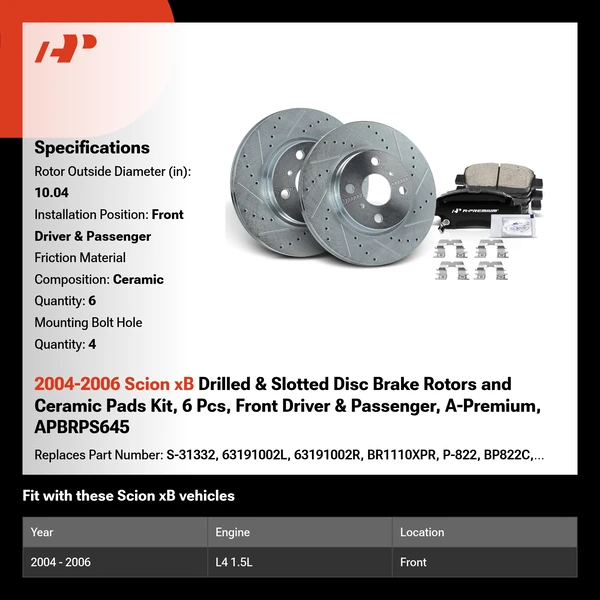 2004-2006 Scion xB Drilled & Slotted Disc Brake Rotors and Ceramic Pads Kit, 6 Pcs, Front Driver & Passenger, A-Premium, APBRPS645