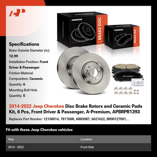 2014-2022 Jeep Cherokee Disc Brake Rotors and Ceramic Pads Kit, 6 Pcs, Front Driver & Passenger, A-Premium, APBRPR1393